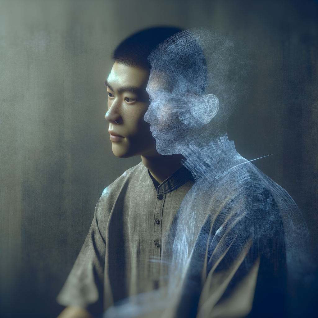 A young man of Asian descent sits and looks to the right with a neutral expression. A transparent and slightly fragmented silhouette of his profile overlaps his figure, symbolizing the invisible aspect of depression and the difficulty of expressing one's suffering. The image represents the dissociation, loss of identity, and disconnection from reality that often accompany this condition, highlighting the importance of raising public awareness and encouraging those who suffer to seek help.