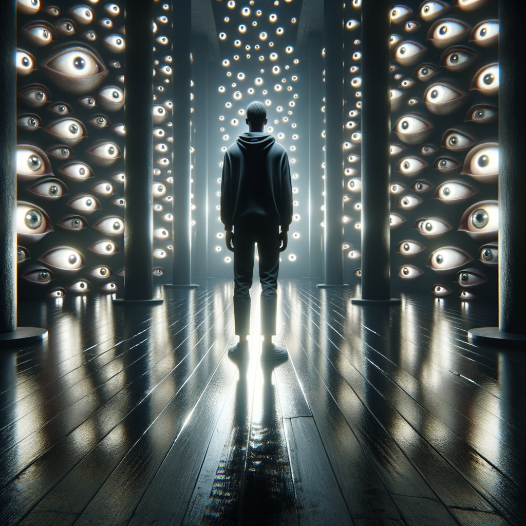 A figure stands in a dimly lit hallway, facing away from the viewer. The walls and pillars are covered with numerous staring eyes, creating a sense of being watched and judged. This image represents the feeling of being scrutinized and self-conscious, a common experience in anxiety.