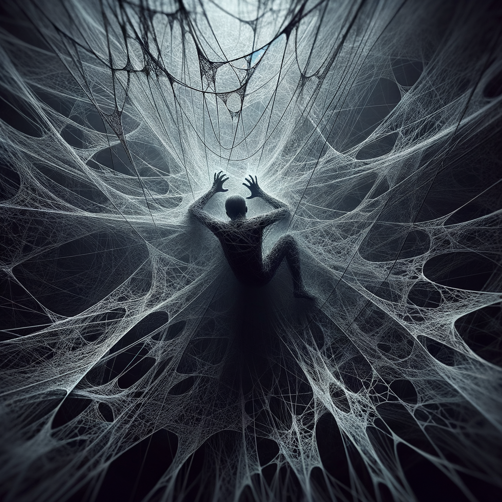 A dark, shadowy figure trapped in a large, intricate spiderweb, struggling to break free. This image represents the feeling of being overwhelmed and trapped by the intense fear and anxiety of a panic attack.