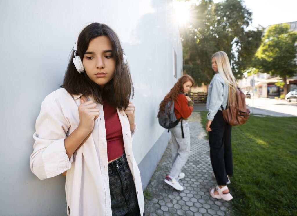 A young woman with headphones stands alone against a wall, looking downcast. In the background, two other young women are walking away, seemingly distanced from her. This image represents the feeling of isolation and disconnection that can occur within relationships, particularly during different life stages.