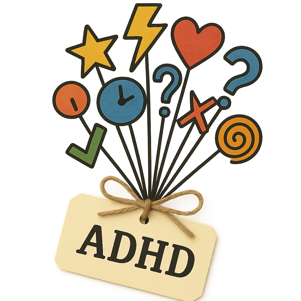 A tag labeled “ADHD” is tied to a bunch of sticks, each topped with a colorful symbol such as a star, lightning bolt, heart, clock, question marks, and spiral, representing the variety of ADHD experiences and traits.