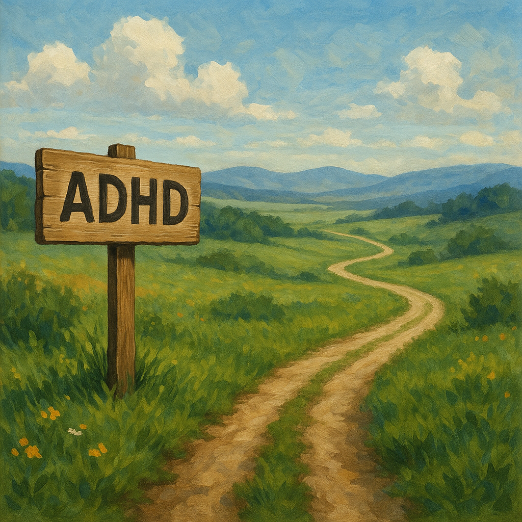 A painted wooden sign with "ADHD" written on it stands beside a winding dirt path that leads through a green, open landscape toward distant hills under a blue sky with clouds, symbolizing the beginning of a personal journey.