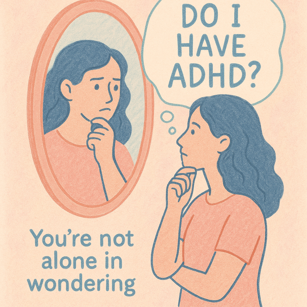 A thoughtful woman looks at her reflection in the mirror with a hand on her chin. A thought bubble says “Do I have ADHD?” and the text below reads “You’re not alone in wondering.”