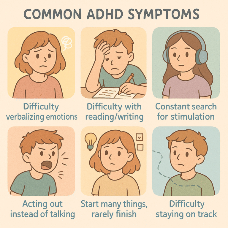 A cartoon grid showing common ADHD symptoms: a girl struggling to express emotions (difficulty verbalizing emotions), a boy frustrated with schoolwork (difficulty with reading/writing), a girl with headphones seeking stimulation (constant search for stimulation), a boy shouting (acting out instead of talking), a girl surrounded by unfinished ideas (starts many things, rarely finishes), and a boy distracted (difficulty staying on track).