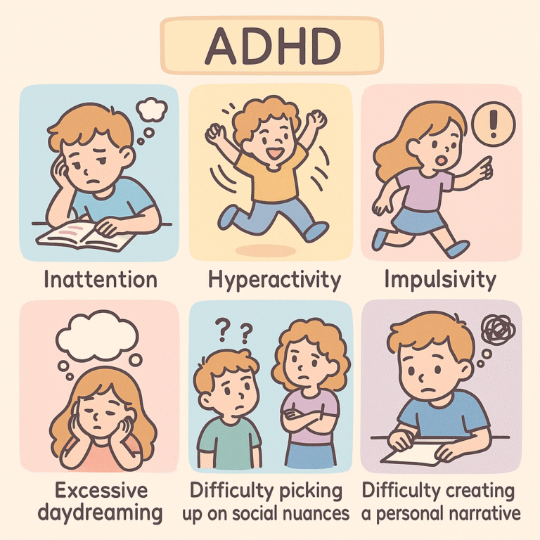 A cartoon grid illustrating ADHD symptoms: a boy distracted while reading (inattention), a child running energetically (hyperactivity), a girl acting impulsively (impulsivity), a girl lost in thought (excessive daydreaming), two children confused in a social interaction (difficulty picking up on social nuances), and a boy struggling to write (difficulty creating a personal narrative).