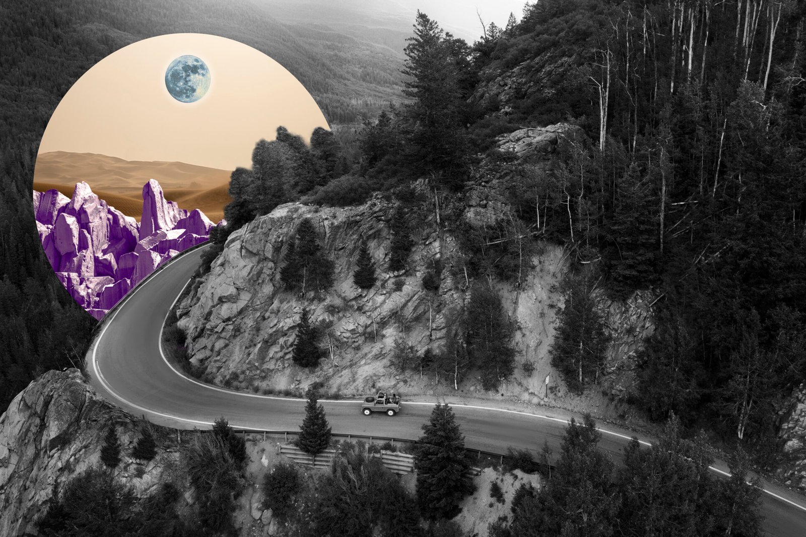 A winding road through a black-and-white mountainous landscape, symbolizing the moment when change begins, with a circular portal revealing a colorful, surreal scene of purple mountains and a golden moon.