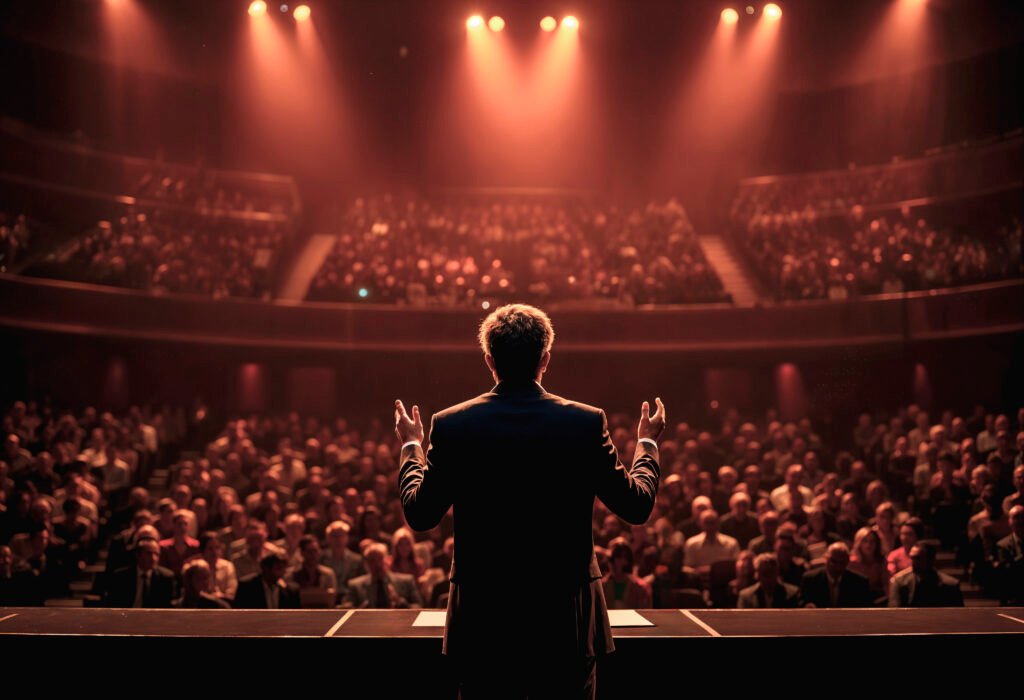 A man standing alone on stage facing an audience, symbolizing the search for recognition and self-worth.
